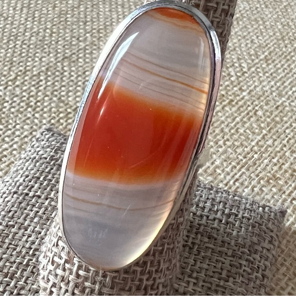 New Sardonyx Orange Agate Onyx Stone Silver Overlay Statement Ring Size 8 - Picture 9 of 9